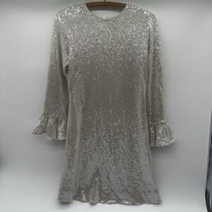 J.Crew Collection Silver Sequin Ruffle Sleeve Shift Dress Size 0 Party Cocktail